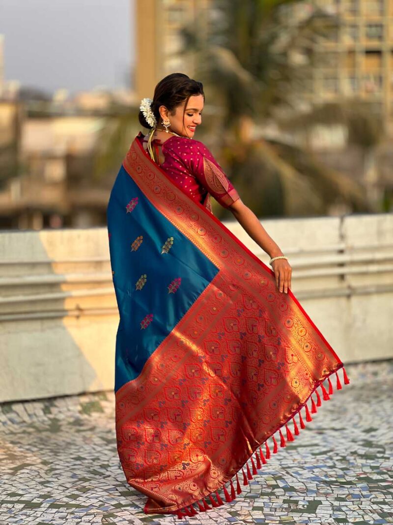 Blue Color Red Saree - Image 2