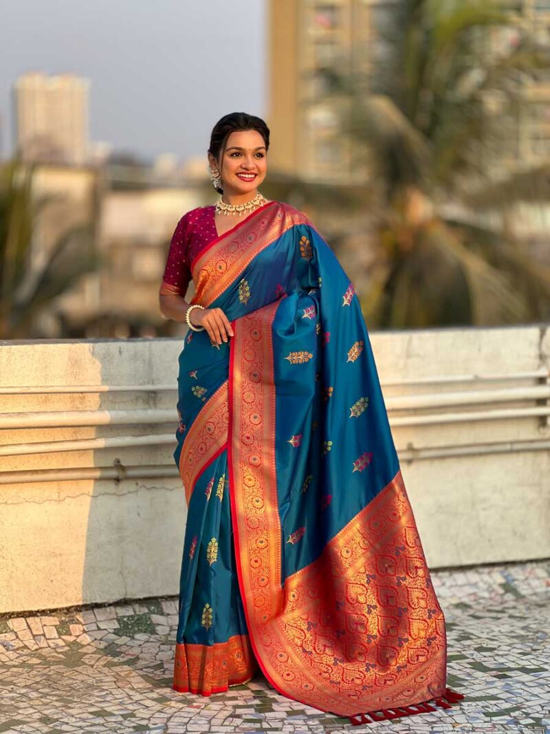 Blue Color Red Saree - Image 4