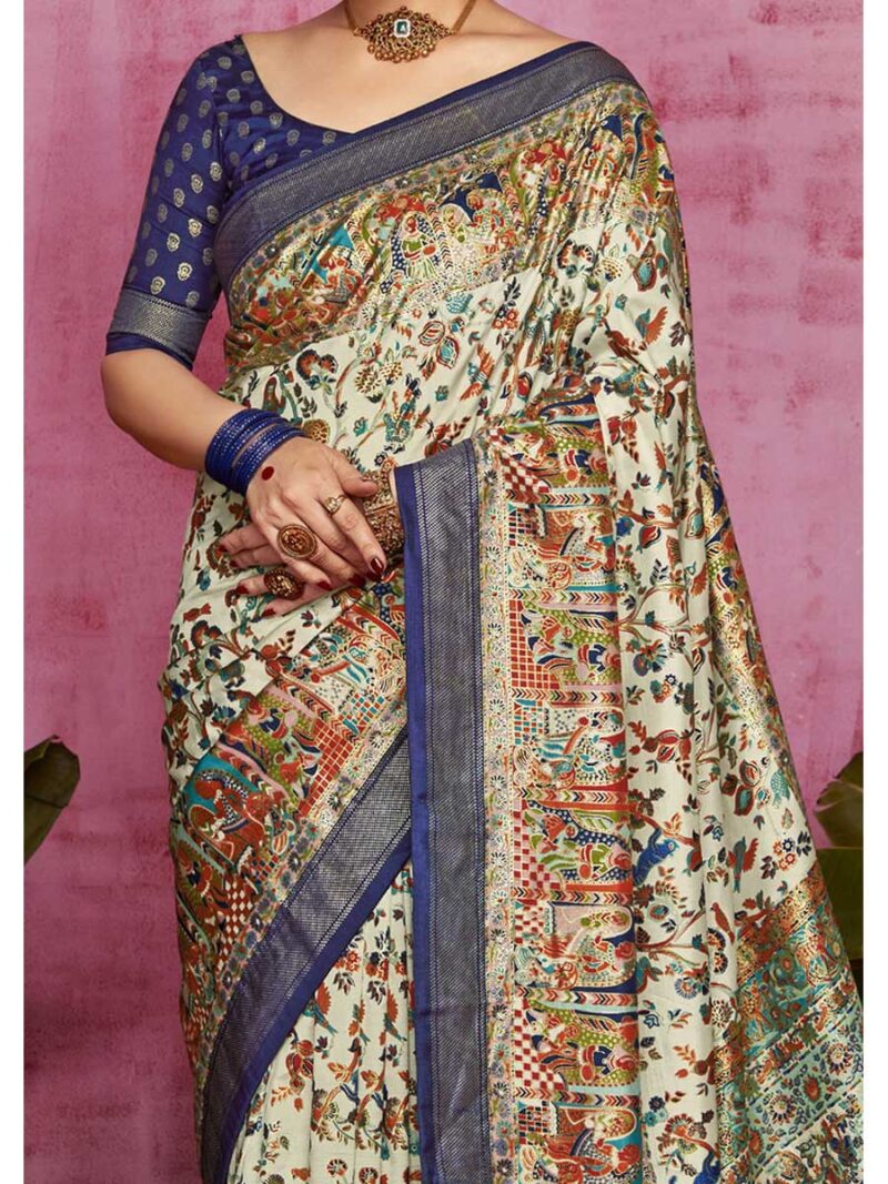 Off White Color Dark Blue Saree - Image 3