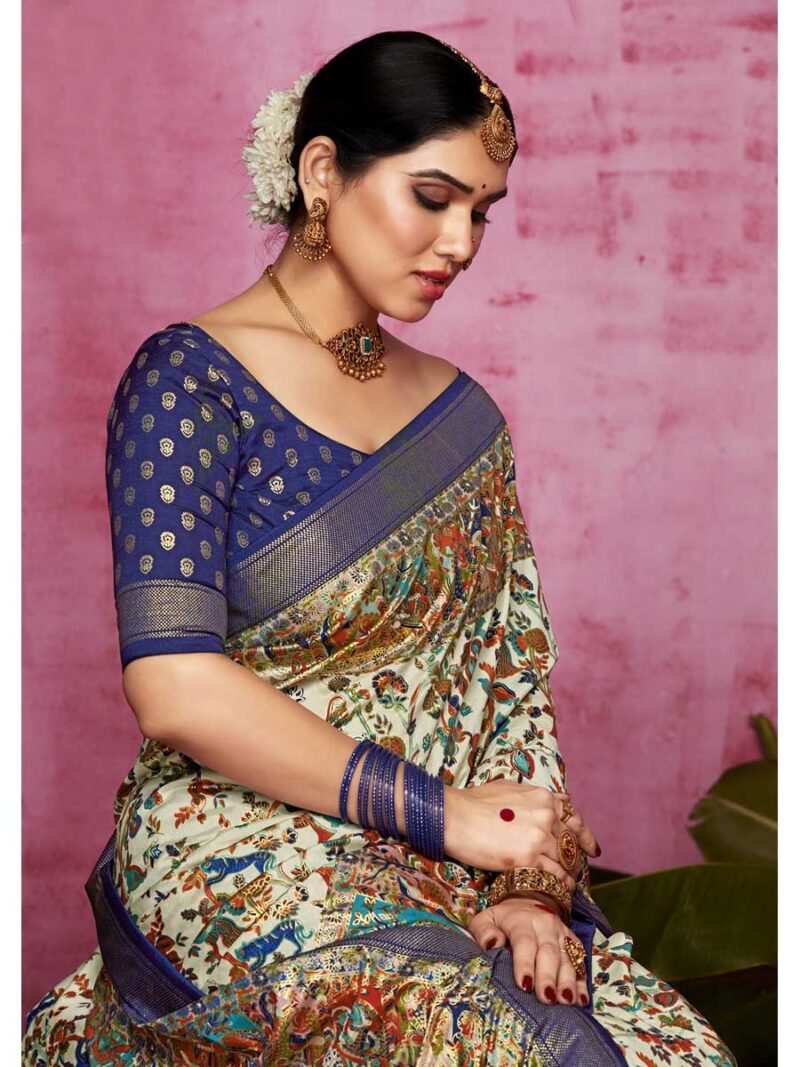 Off White Color Dark Blue Saree - Image 2