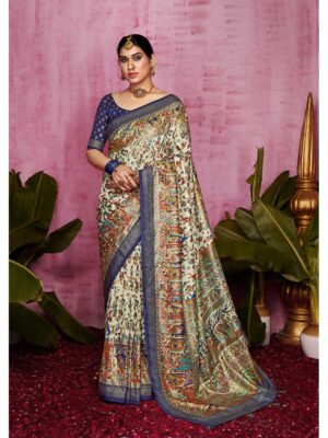 Off White Color Dark Blue Saree