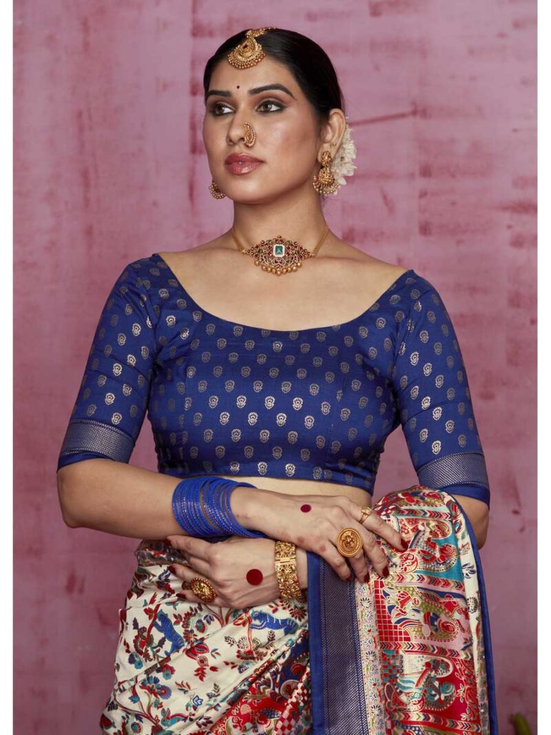 Off White Color Dark Blue Saree - Image 4