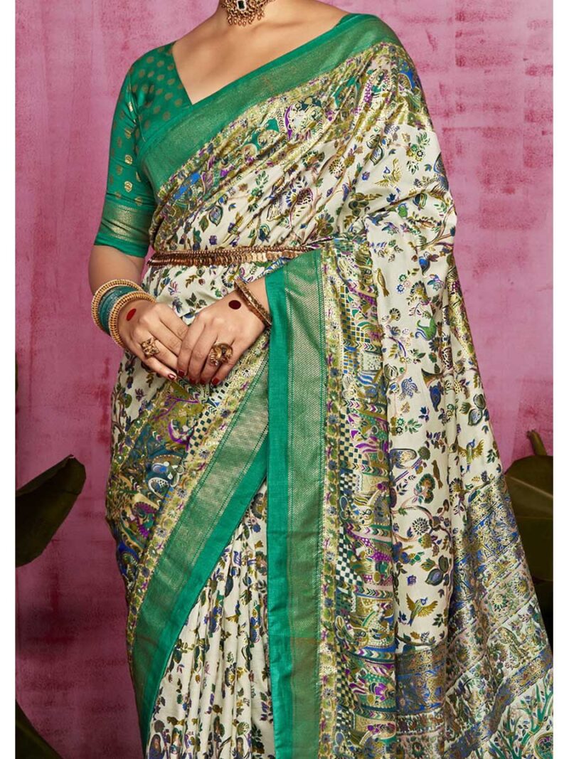 Off White Color Teal Green Saree - Image 3