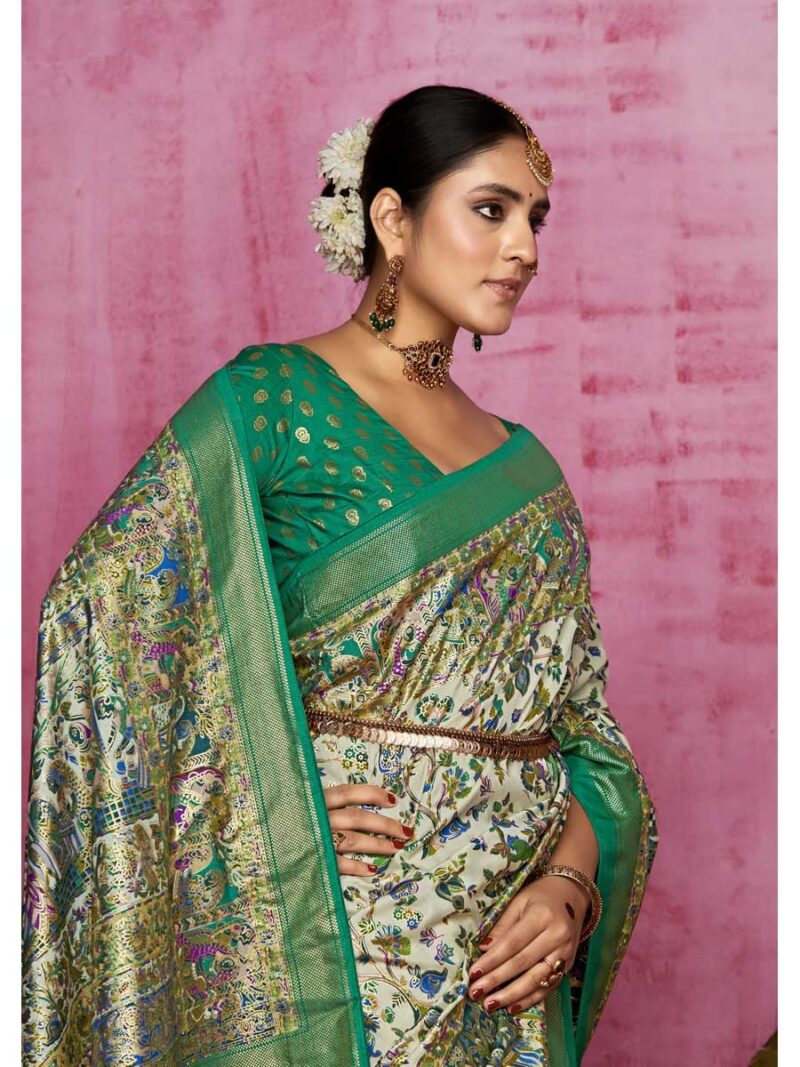 Off White Color Teal Green Saree - Image 2