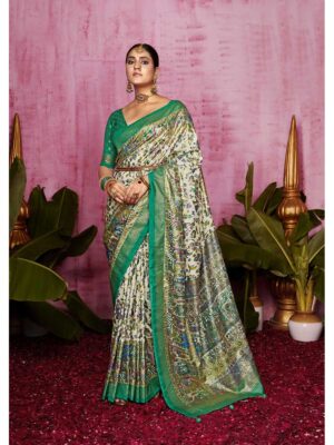 Off White Color Teal Green Saree