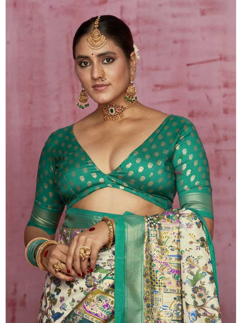 Off White Color Teal Green Saree - Image 4