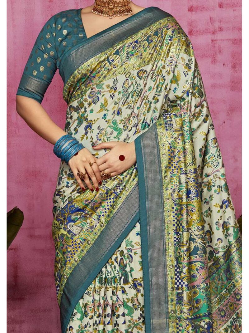 Off White Color Dark Aqua Saree - Image 3