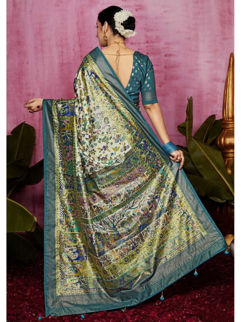 Off White Color Dark Aqua Saree - Image 2