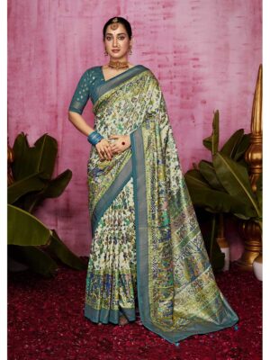 Off White Color Dark Aqua Saree