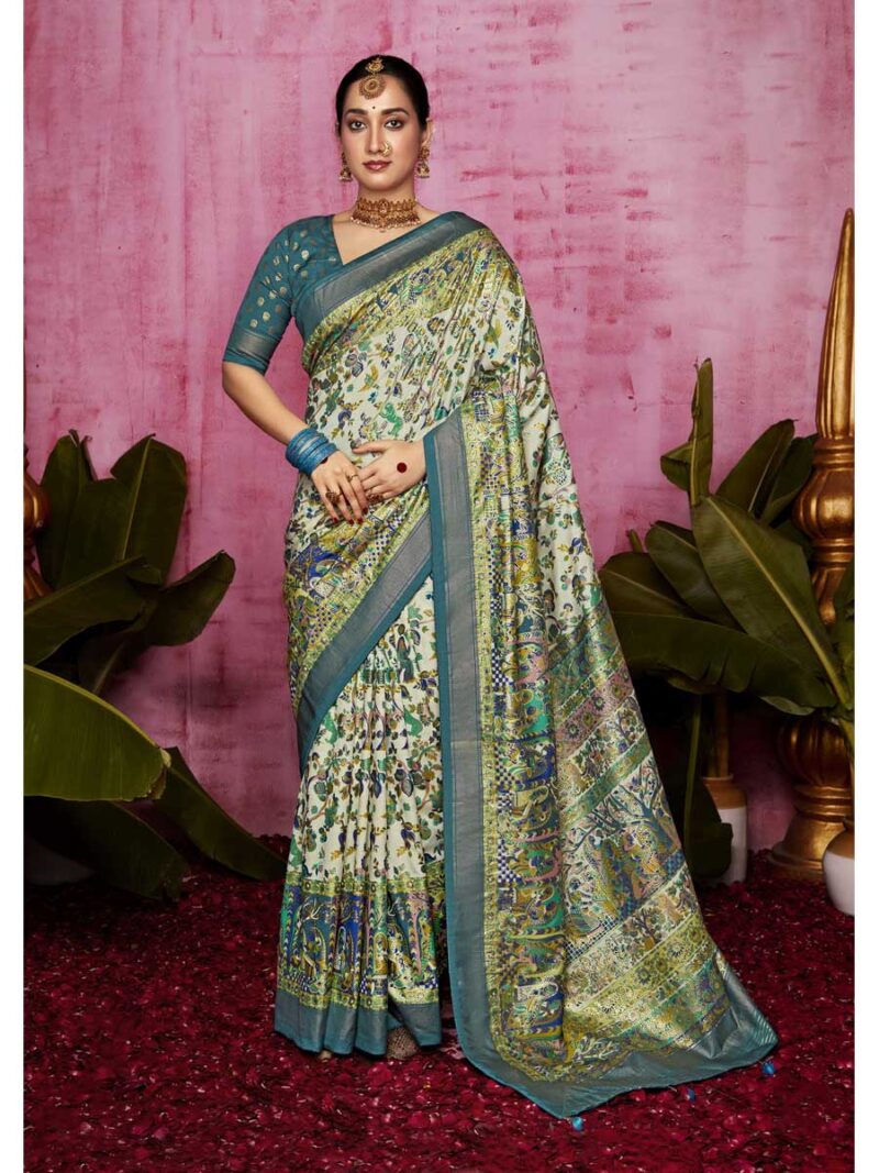 Off White Color Dark Aqua Saree