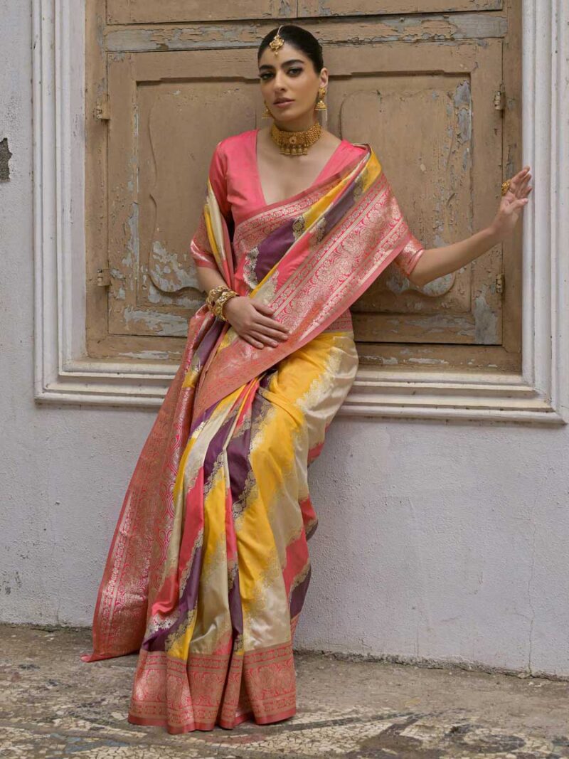 Yellow Color Pink Saree - Image 4