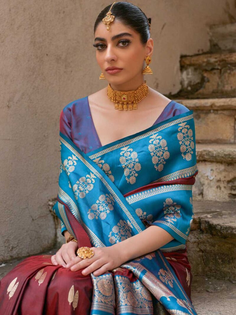 Coffee Color Blue Saree - Image 3