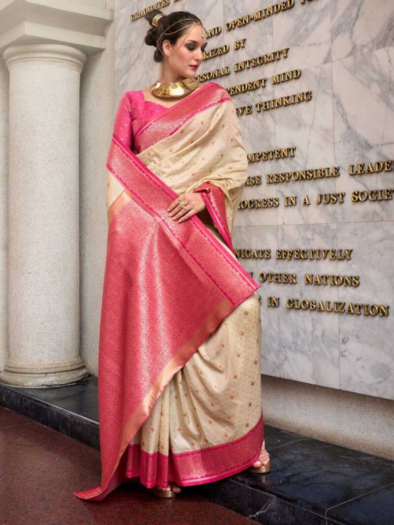 Cream Color Red Saree - Image 2