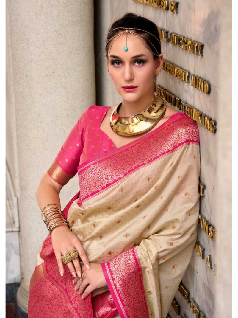 Cream Color Red Saree - Image 3