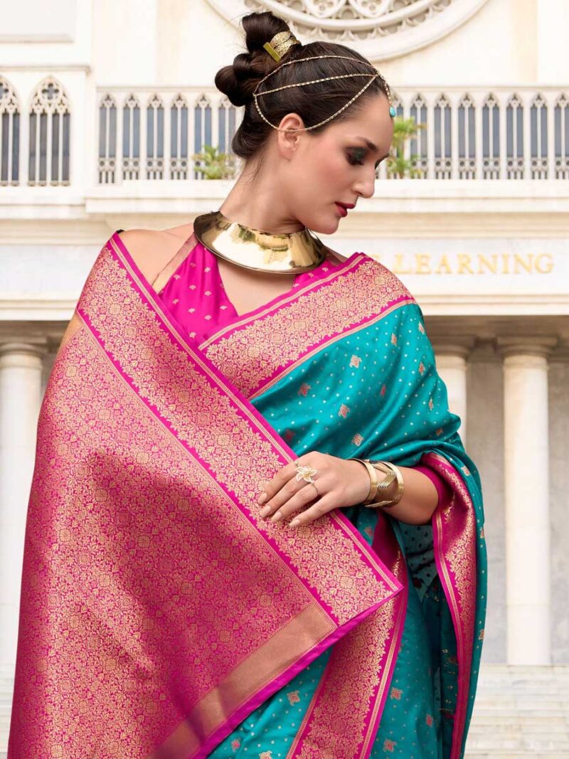 Sea Green Color Pink Saree - Image 2