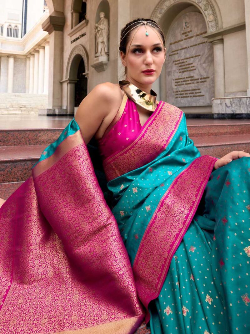 Sea Green Color Pink Saree - Image 3