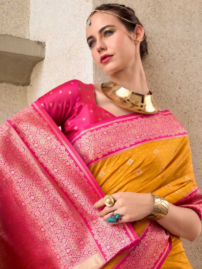 Yellow Color Red Saree - Image 2