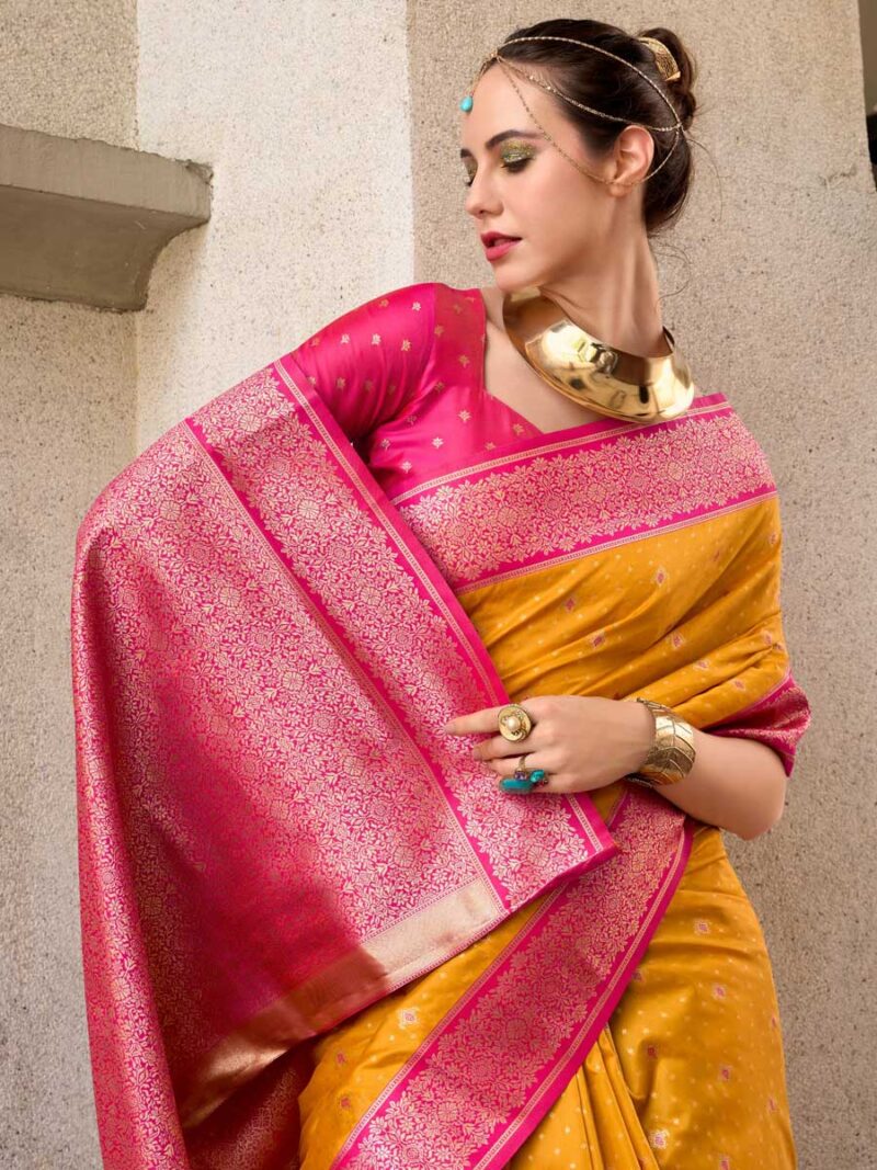 Yellow Color Red Saree - Image 3