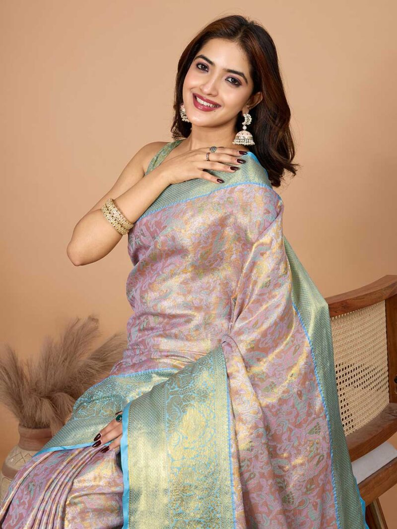 Pink Color Blue Saree - Image 3