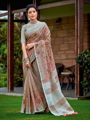 Brown Color Linen  Saree