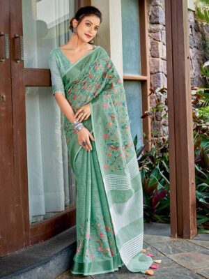 Sea Green Color Linen  Saree