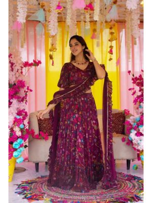 Wine Color Air Tex Chinon Lehenga Choli
