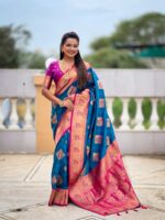 Teal Blue Color Banarasi Silk Saree