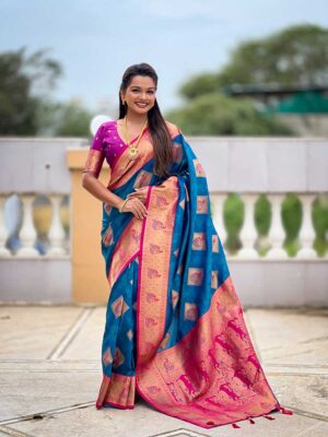 Teal Blue Color Banarasi Silk Saree