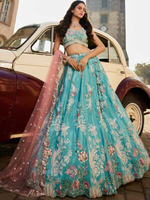 Turquoise Color Satin Lehenga Choli