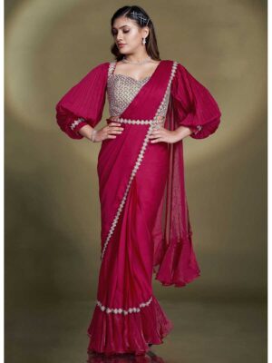 Pink Color Crepe Satin Silk Saree