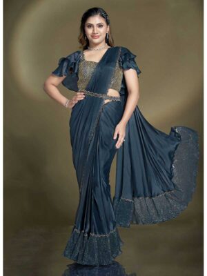Teal Blue Color Crepe Satin Silk Saree