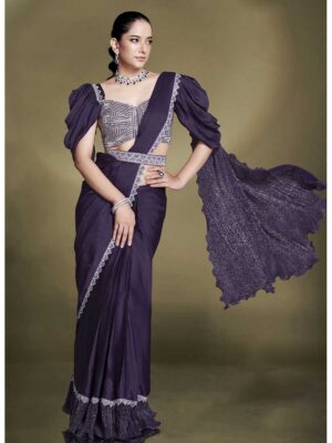 Purple Color Crepe Satin Silk Saree