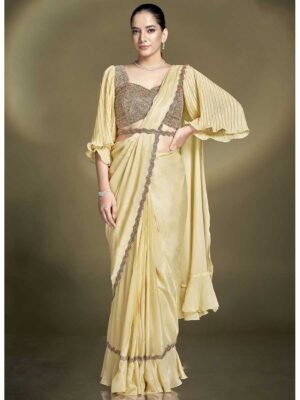 Yellow Color Crepe Satin Silk Saree