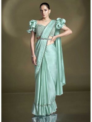 Sea Green Color Crepe Satin Silk Saree
