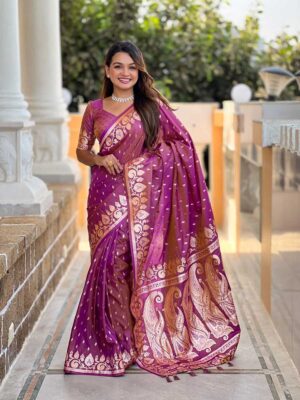 Onion Color Banarasi Silk Saree