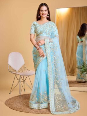Sky Blue Color Soft Net Saree