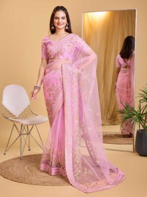 Pink Color Soft Net Saree