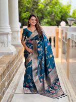 Teal Blue Color Banarasi Silk Saree