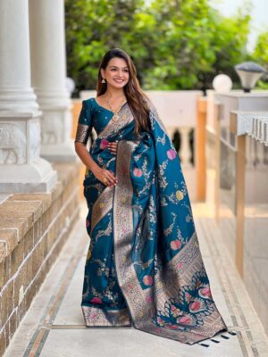 Teal Blue Color Banarasi Silk Saree