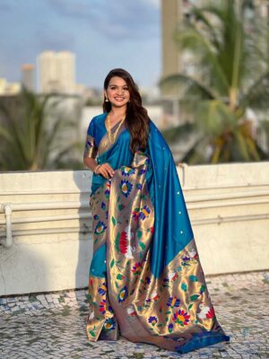 Teal Blue Color Paithani Silk Saree