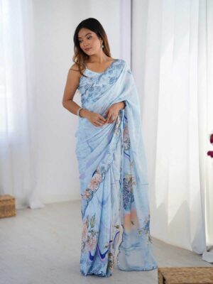 Sky Blue Color Chinon Saree