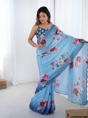 Blue Color Chinon Saree
