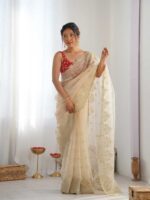 Beige Color Nylone Organza Saree