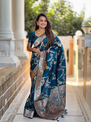 Teal Blue Color Banarasi Silk Saree