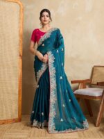 Teal Blue Color Frendy Chiffon Saree