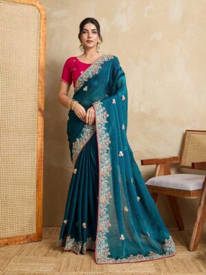 Teal Blue Color Frendy Chiffon Saree