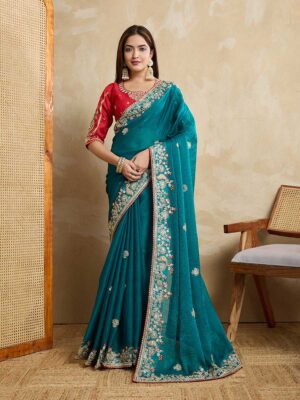 Teal Green Color Frendy Chiffon Saree
