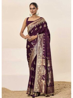 Wine Color Satin Silk Saree
