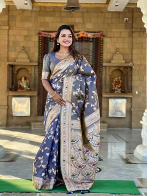 Grey Color Banarasi Silk Saree