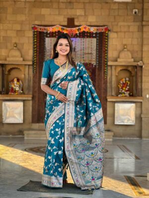 Teal Blue Color Banarasi Silk Saree